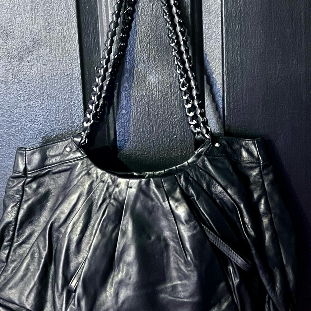 Levenger Black Leather Shoulder Bag with Chain-Accent Straps - Picture 2 of 8
